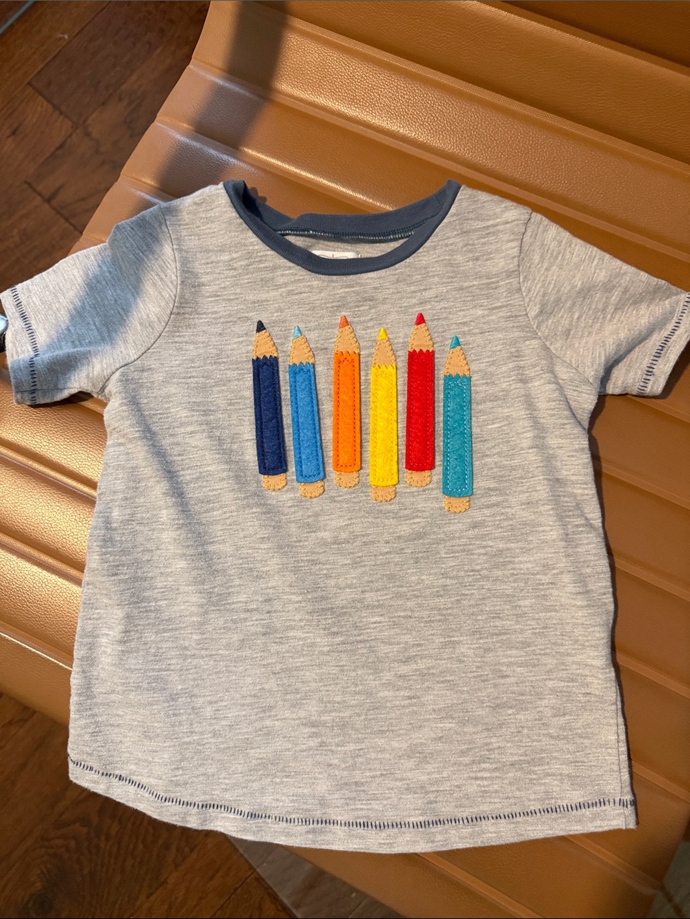 Mud Pie Gray Tee with Colorful Pencil Appliqués